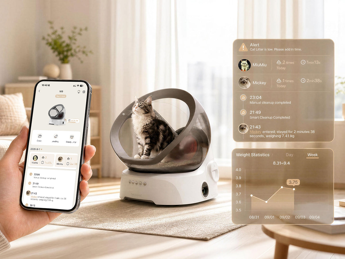 Neakasa app showing M9 smart litter box status andactivity