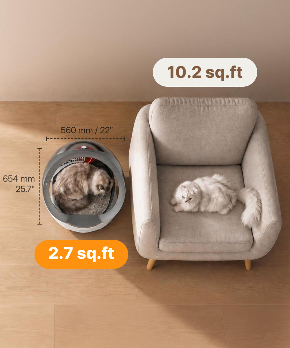 Neakasa M9 footprint of 2.7 sq. ft., measuring 560 mmlong and 654 mm wide