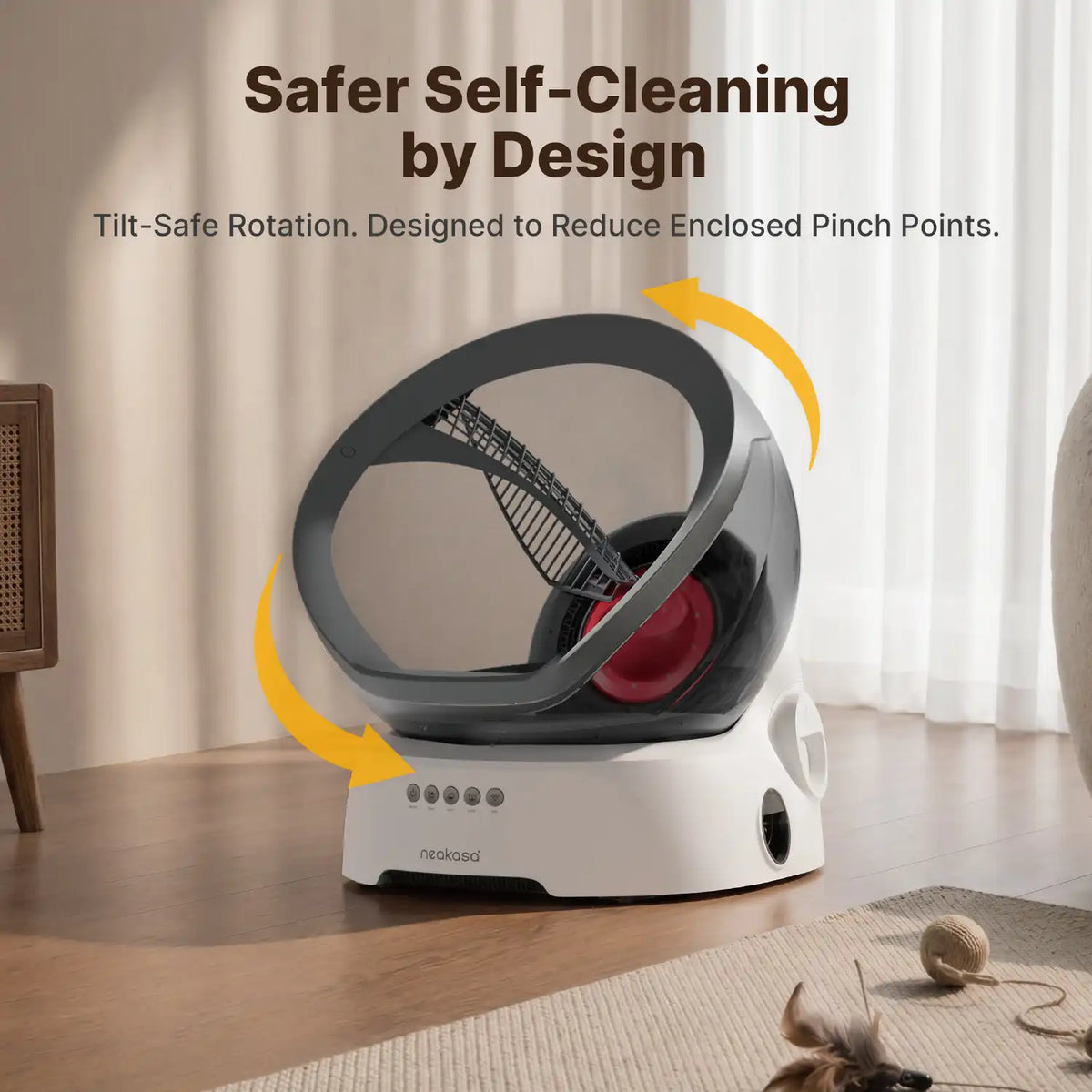 Neakasa M9 featuring tilt-safe rotation and a design that reduces enclosed pinch points