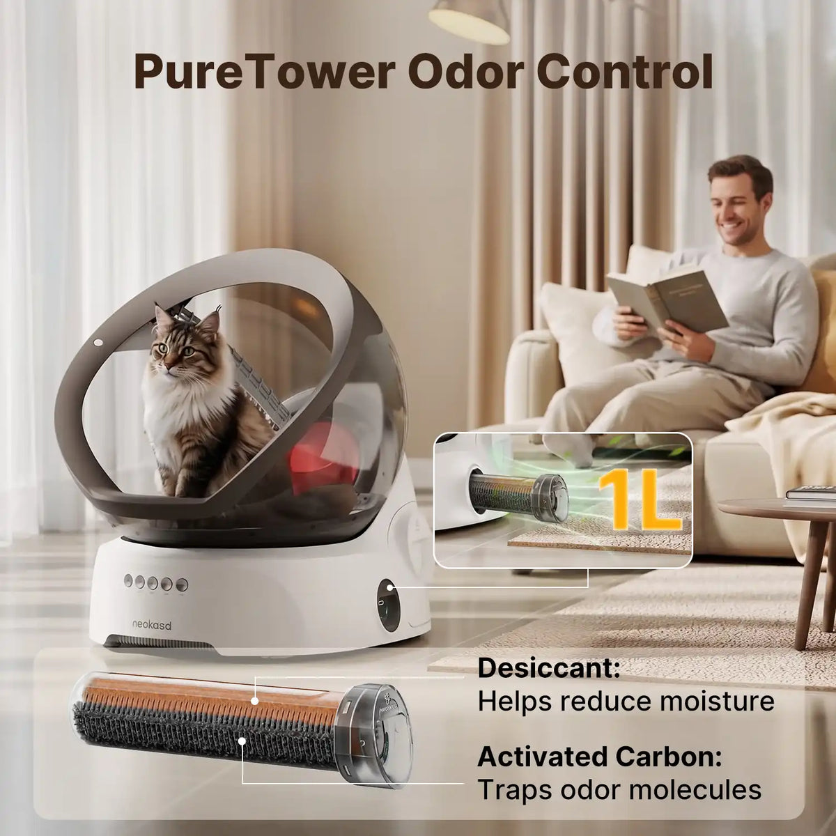 Neakasa M9 1L odor control system with activated carbon to trap odor molecules and desiccant to help reduce moisture