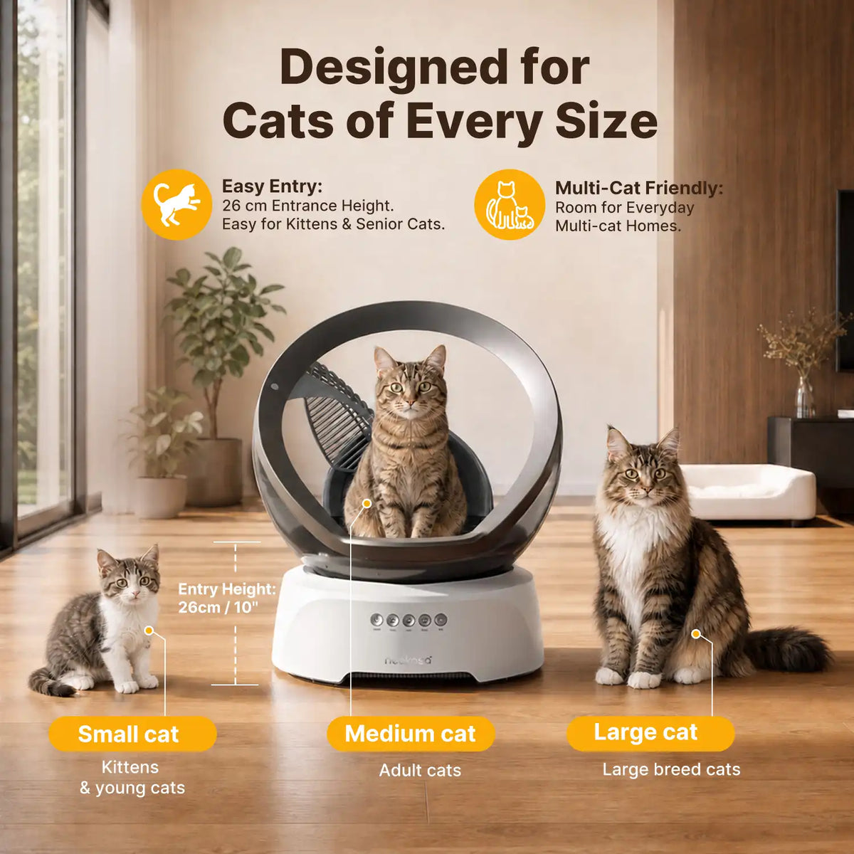 Neakasa M9 designed for cats of all sizes, with a 26 cm entrance for easy access and for multi-cat homes
