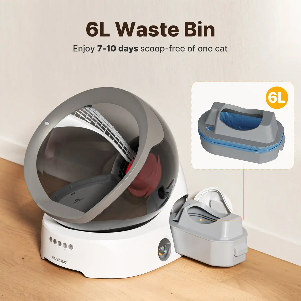 Neakasa M9 with a 6L waste bin designed to provide 7–10 days of scoop-free use for one cat