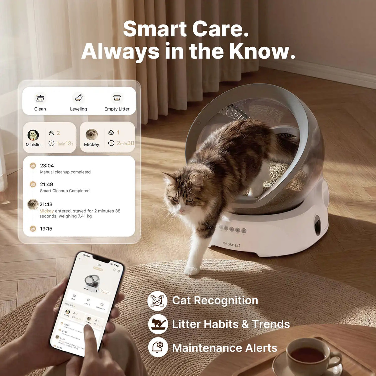 Neakasa app showing cat recognition, litter habits and trends, and maintenance alerts for smart litter box care