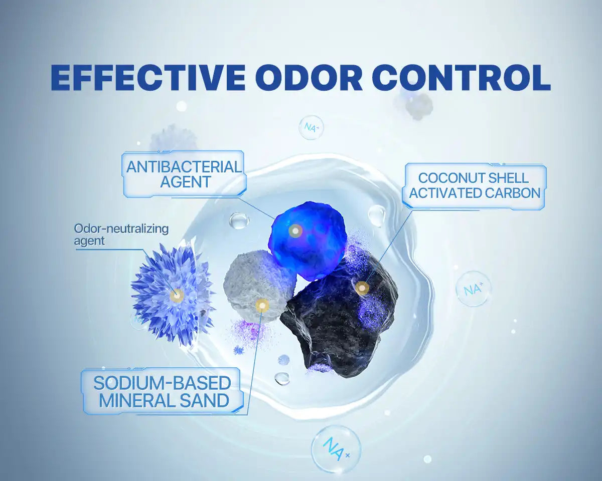 Combining activated coconut shell charcoal, antibacterial agents, and sodium-based mineral sand: effectively locks in odors, and provides 14 days of long-lasting freshness.