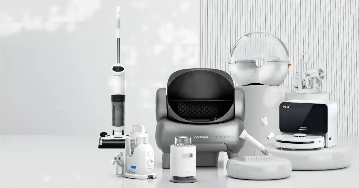 A lineup of Neakasa products including an automatic litter box, a grooming kit and a home cleaning device, as shown by the manufacturer